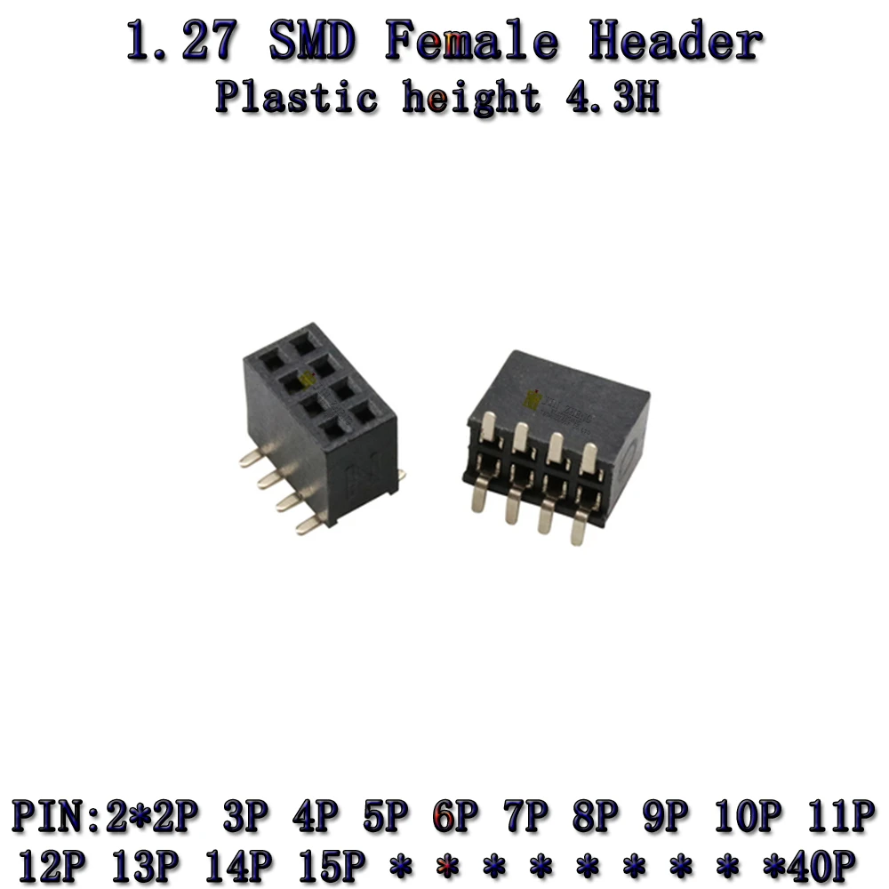 10 قطعة SMD 1.27 مللي متر H4.3 صف مزدوج أنثى الانفصال لوحة دارات مطبوعة دبوس رأس موصل مقبس 1.27 Pinhead 2X2p4p6p8p10p15p20p ~ 50Pin