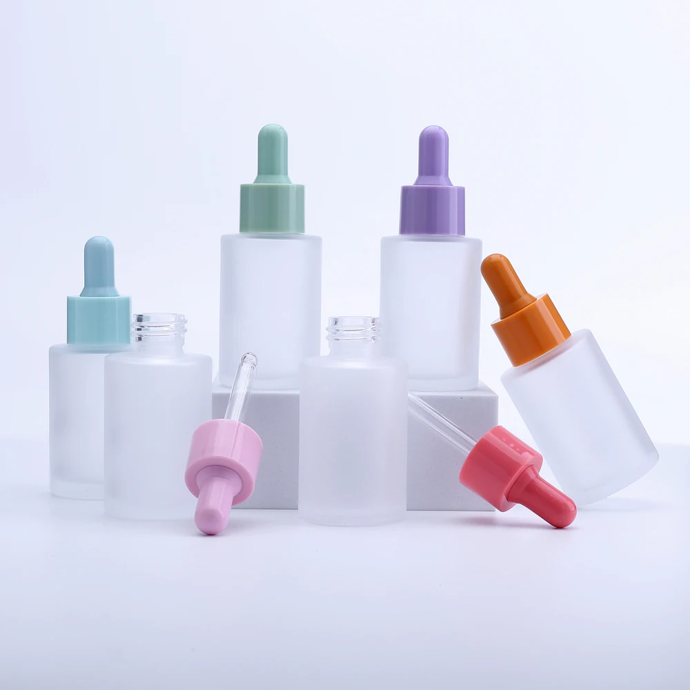 

10pcs Flat Shoulder Cylinder Shape White Pink Blue Purple Skin Care Serum Bottle 30ml Glass Dropper Essential Oil Bottles