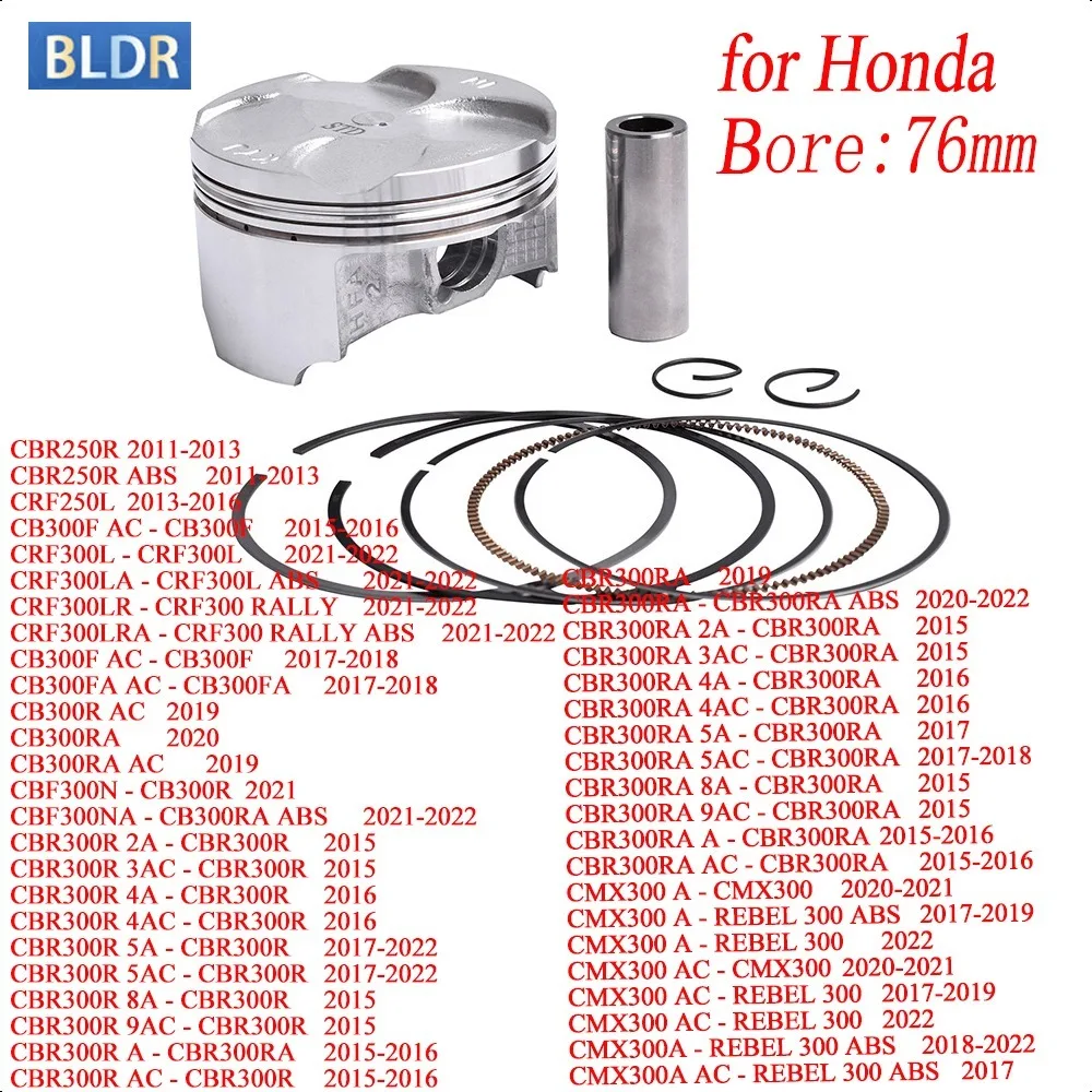 

Поршневые кольца 76 мм для мотоциклетных двигателей Honda CRF250L, CBR250R, CBR 250R ABS, CB300F, CRF300, CB300RA, CBR300, CMX300