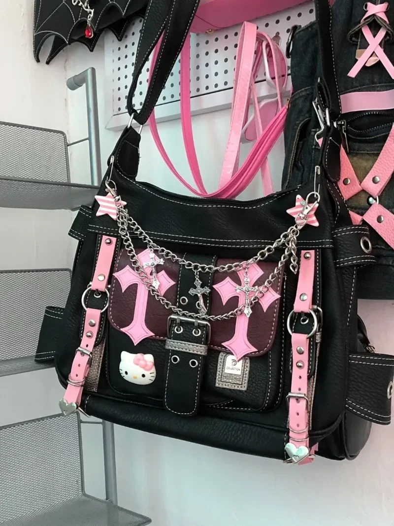 Goth Hello Kitty Black and Pink Stitching Motorcycle Bag Women's Luxury Handbag Y2k Pink Print Shoulder Bag Women's New Handbag