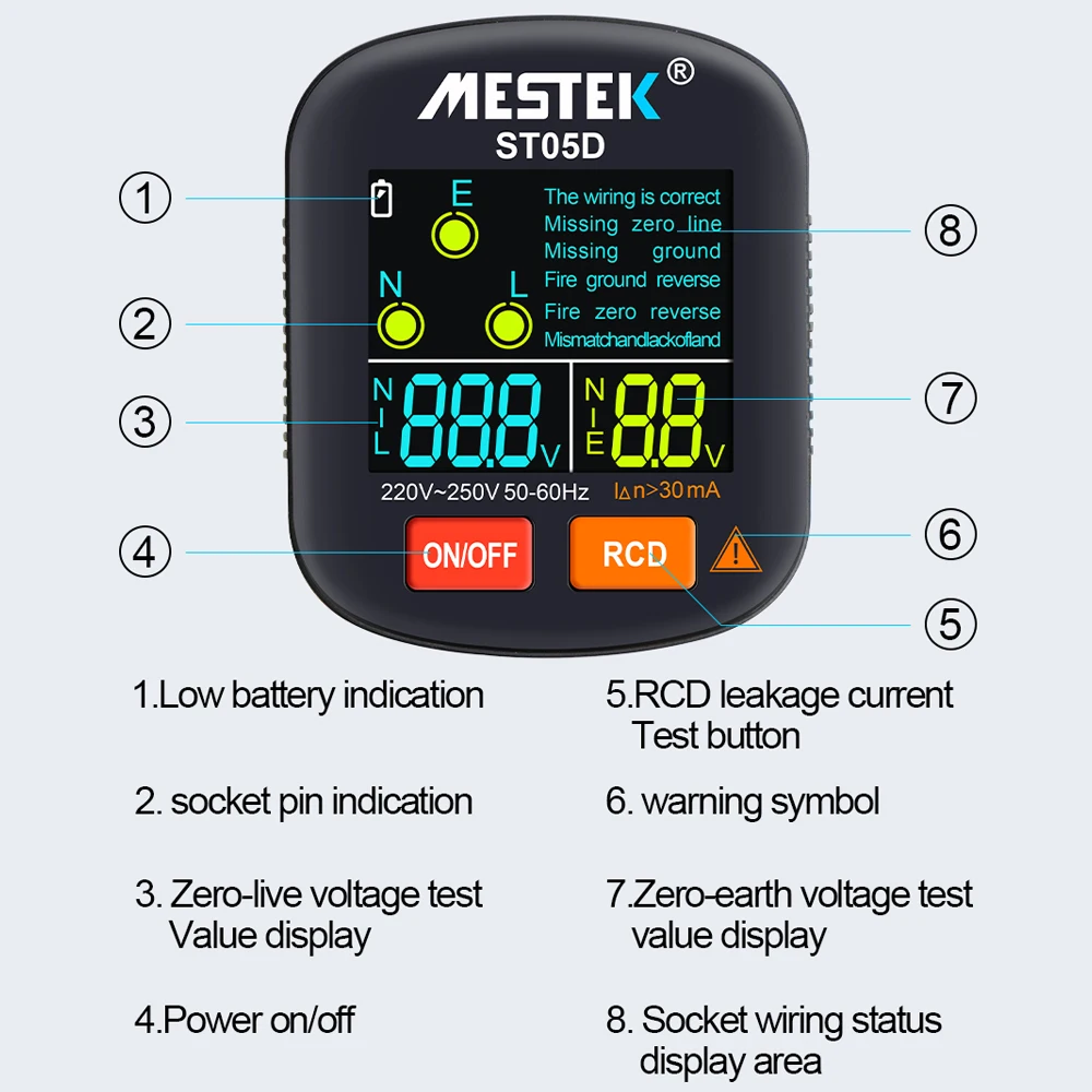 30-250V Portable Digital Socket Tester Detector RCD Voltage Tester Ground  Polarity Phase Check Tool with Color Display