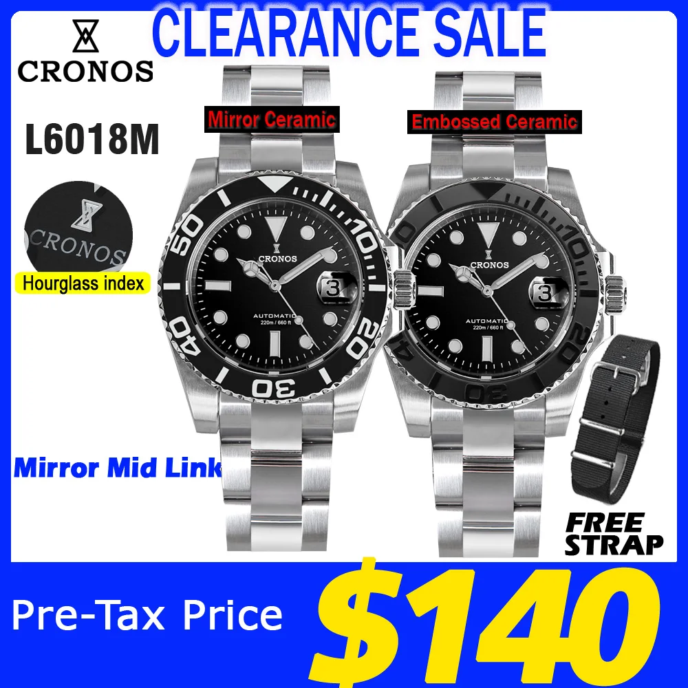 Cronos Sub DIVER สแตนเลส PT5000แปรงสร้อยข้อมือเซรามิกฝา200เมตร L6018กันน้ำ