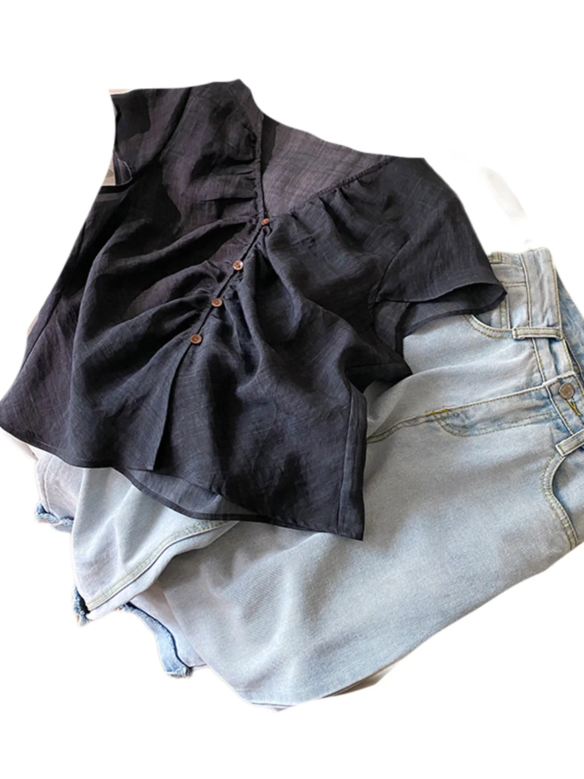 Retro donna irt estate sottile design casual senso pieghettato V-ne Fly Sve Top sciolto pendolarismo Sle ort Sve Button