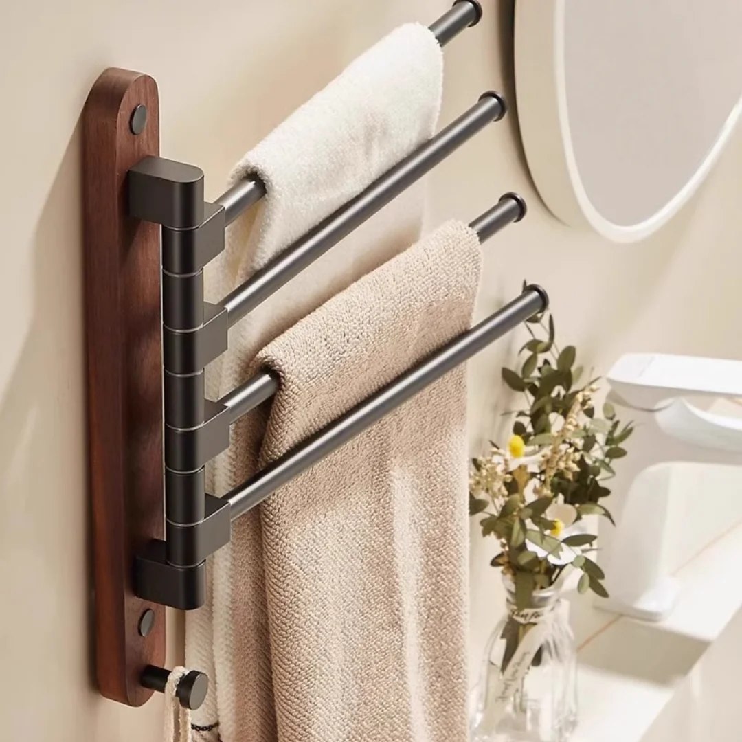 Rak Handuk Kamar Mandi Kayu Hitam, Gantungan Handuk Putar Lipat, Rak Handuk Tempel Dinding, Rak Handuk Ringkas, Rak Handuk Kamar Mandi