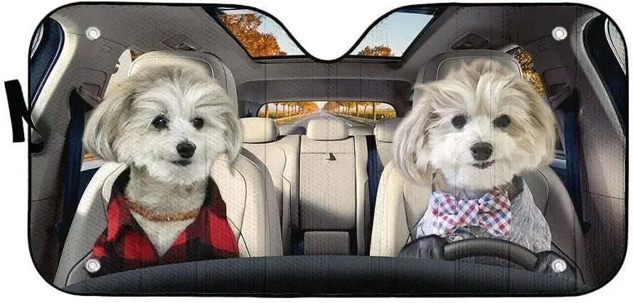 Couple Shih Tzu Happy Puppies Left Hand Drive Car Sunshade Shih Tzu Couple Driving on the Highway Fall Car Sunshade Window Shade