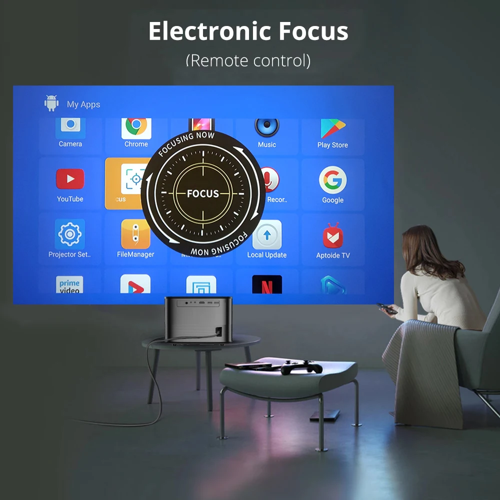 Système de cinéma maison pour téléphone portable, Android 10.0, prend en charge les appareils d'affichage 4K 1920x1080, projecteur vidéo F18, mise au point électronique