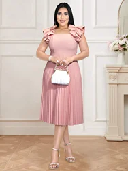 ONTINVA Women Plus Size 4XL Pink Pleated Dress Square Collar Sleeveless Ruffles Elegant High Waist A Line Evening Party Gowns