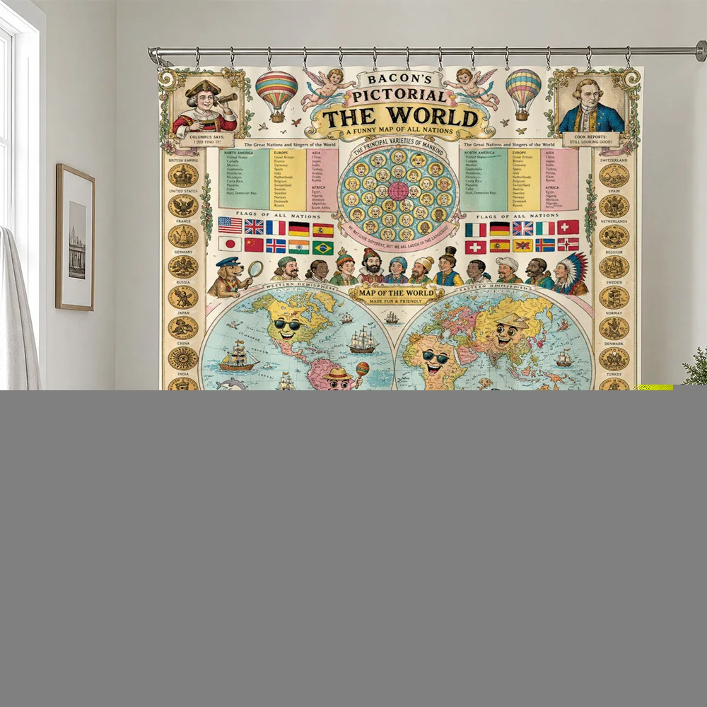 Decorative Vintage World Map Shower Curtain Waterproof Bathroom Tapestry Antique Style Educational Travel Globe Print Curtain Li