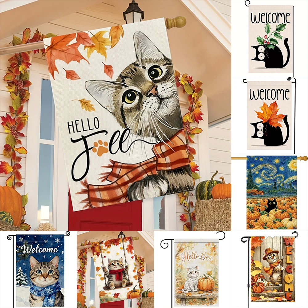 1pc  Autumn Cat Garden Flags, Cute Fall Welcome Yard Flags For Outdoor Porch Patio Farmhouse Seasonal Decor