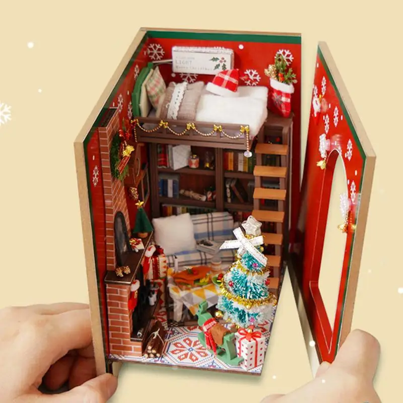 DIY Book Nook Kits Wooden Doll House Christmas 3D Puzzle Assembly Building Model Bookshelf Insert Decor With Furniture Xmas Gift