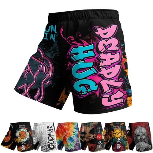 Pantalones cortos de lucha de entrenamiento MMA con tela elástica de 4 vías y sus propios pantalones cortos de MMA con impresión por sublimación y goma