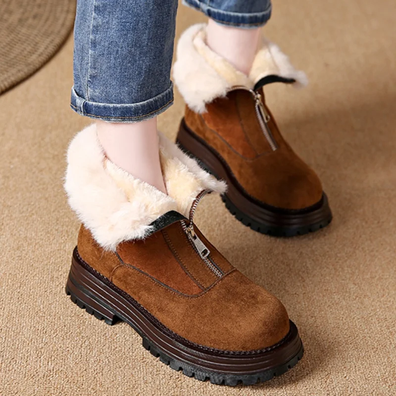 

Flats Platform Suede Women Snow Ankle Boots Fur Winter New Short Plush Shoes Zippers 2025 Trend Motorcycle Boots Women Zapatos