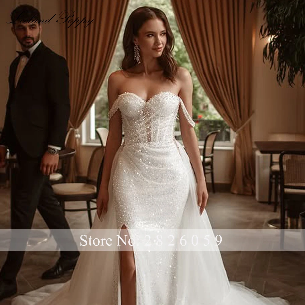Lceland Poppy Customized Mermaid Lace Wedding Dresses Floor Length Beaded Lace High Slit Bridal Gowns with Detachable Train