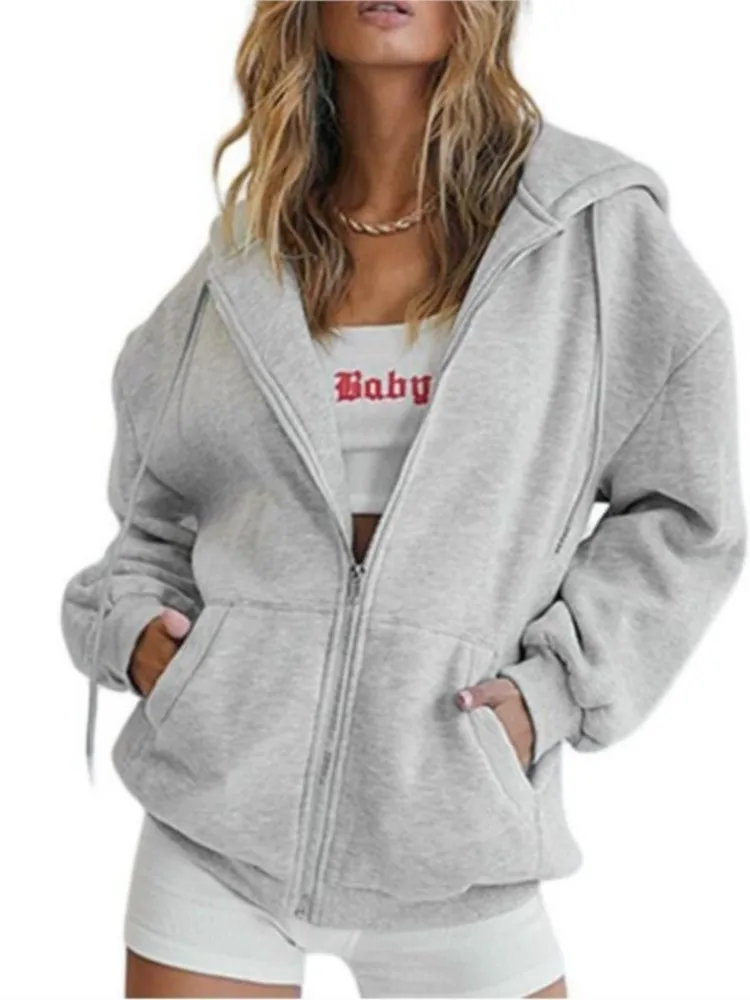 High Street Hoodie Men Solid Color Zip Up Long Sleeve Loose Jacket Coats Casual Hooded Sweatshirt Y2K Fashion Outdoor Clothes