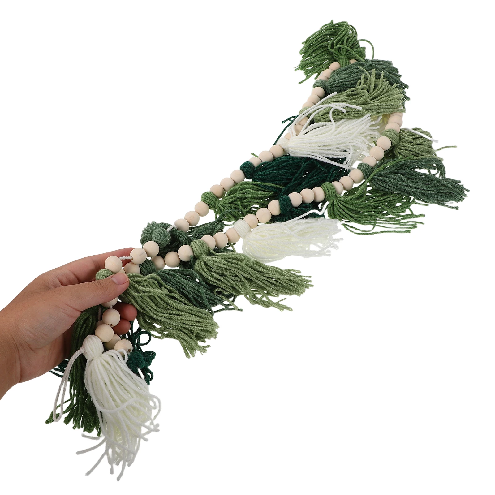 

Green Boho Yarn Tassel Wall Hanging Decor Wood Bead Garland Farmhouse Nursery Party Classroom Rustic Home Beaded Ornaments