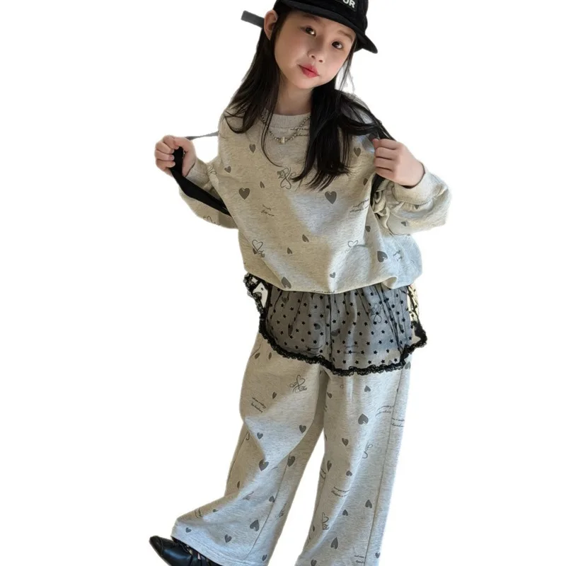 26 Spring Summer Korean Style Girl Full-Print Heart Pattern Casual Straight Pants 2Piece Set Causal Round-Neck 3-16 Years Outfit