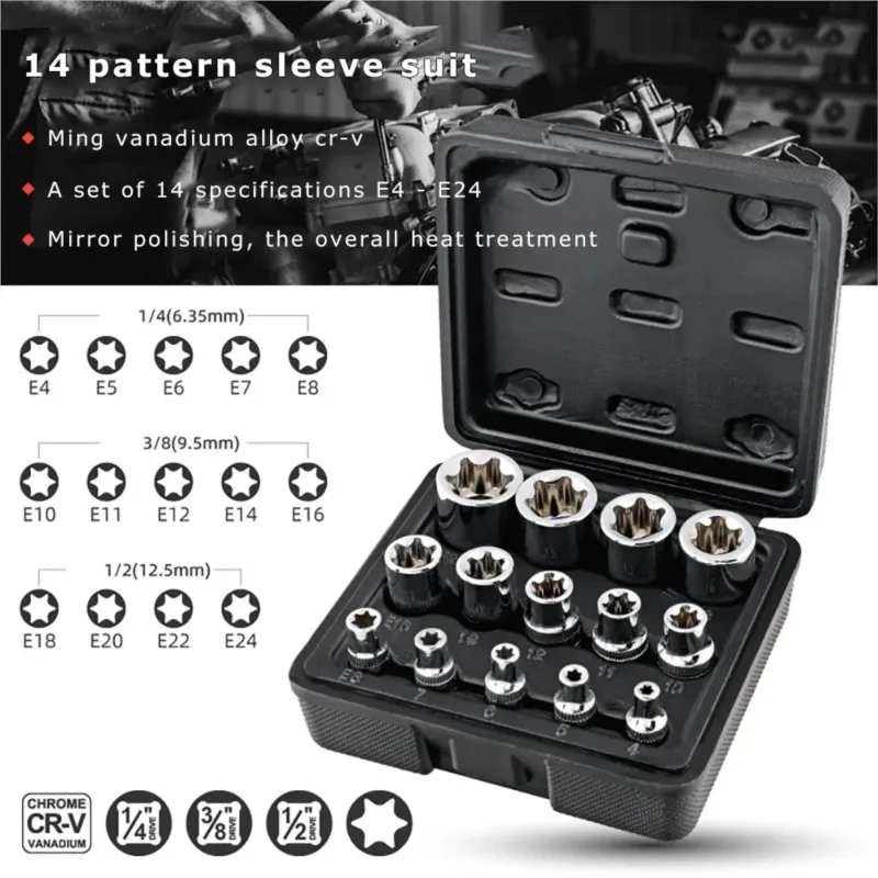 

14Pcs Set Impact Bolt & Nut Remover E4-E24 Star Torx Socket External Hex Socket Insert Nut With Solid Storage Case Hand Tools