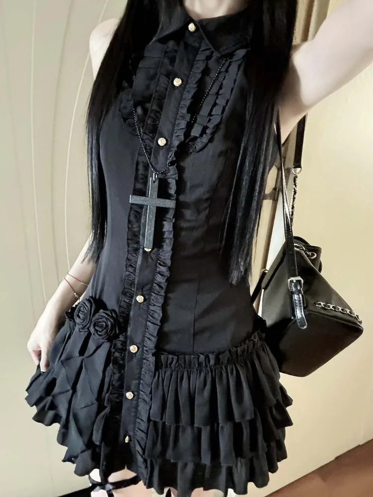 Robe Mino Vintage sans manches pour femmes, taille noire japonaise, Slim, à volants irréguliers, Design Floral, tenues Y2k, nouvelle collection été 2025