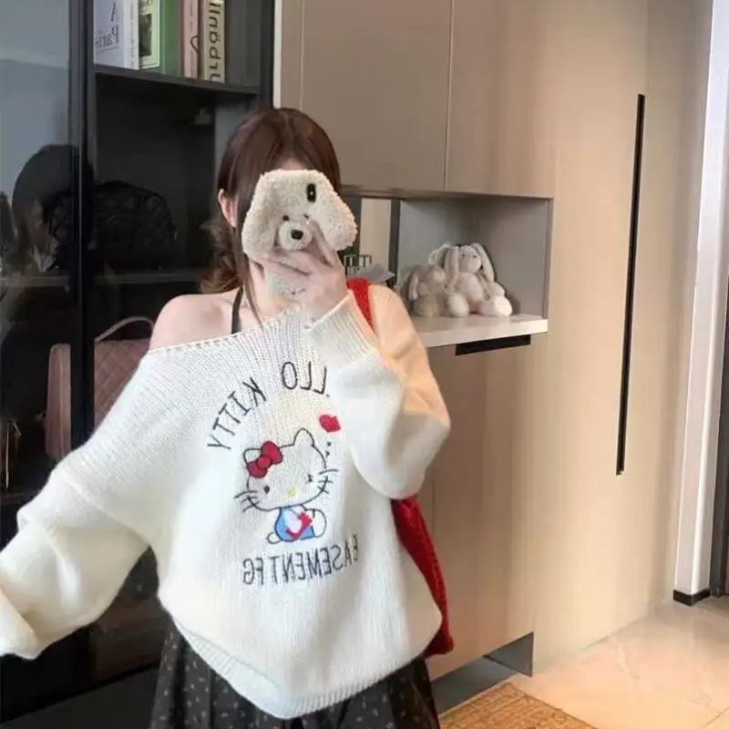 لطيف الحلو مرحبا كيتي سترة المرأة خارج الكتف طويلة الأكمام سترة الربيع والخريف لينة الراحة البلوز القمم تريكو #4