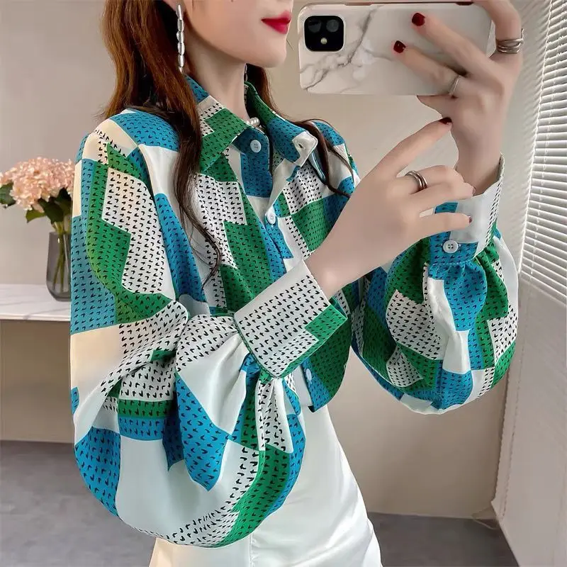 Spring Summer Floral Print Lantern Long Sleeve Chiffon Shirt Tops Women Elegant Fashion All-match Casual Blouse Female Clothes