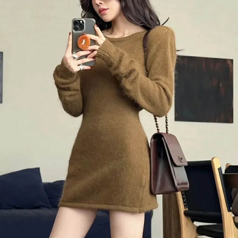 Fashion Backless Slim Mini Dress Female Clothing Long Sleeve Knitted Autumn Winter Solid Color Waist Casual Round Neck Dresses