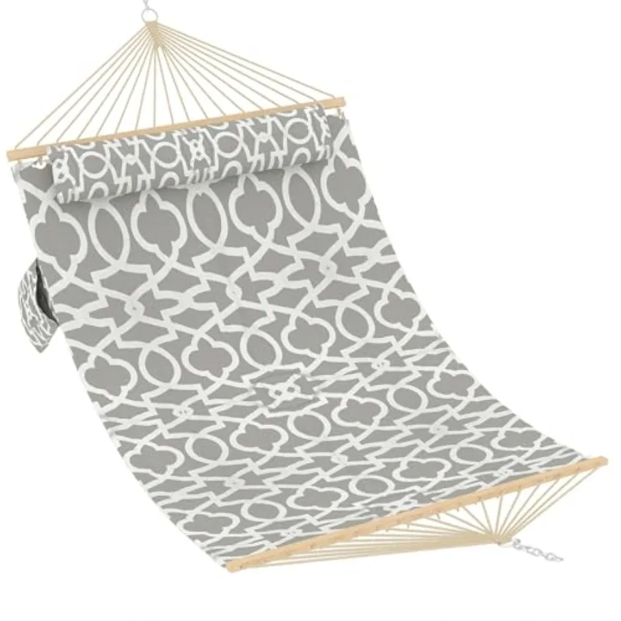12 FT Double Quilted Fabric Hammock with Spreader Bar and Detachable Pillow for Outdoor Patio Backyard Poolside 450lbs Weight C