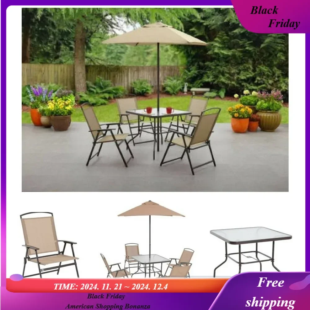 Albany Lane 6-Piece Folding Dining Set By Mainstays, Patio Table, Chair, Umbrella, Set, Outdoor Decorations) (Tan)