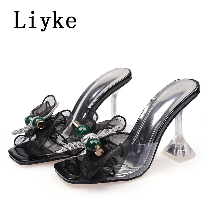 Liyke 2024 New Fashion 9CM pantofole con tacco trasparente rosa filato netto Bowknot sandali estivi scarpe trasparenti per le donne muli Slides