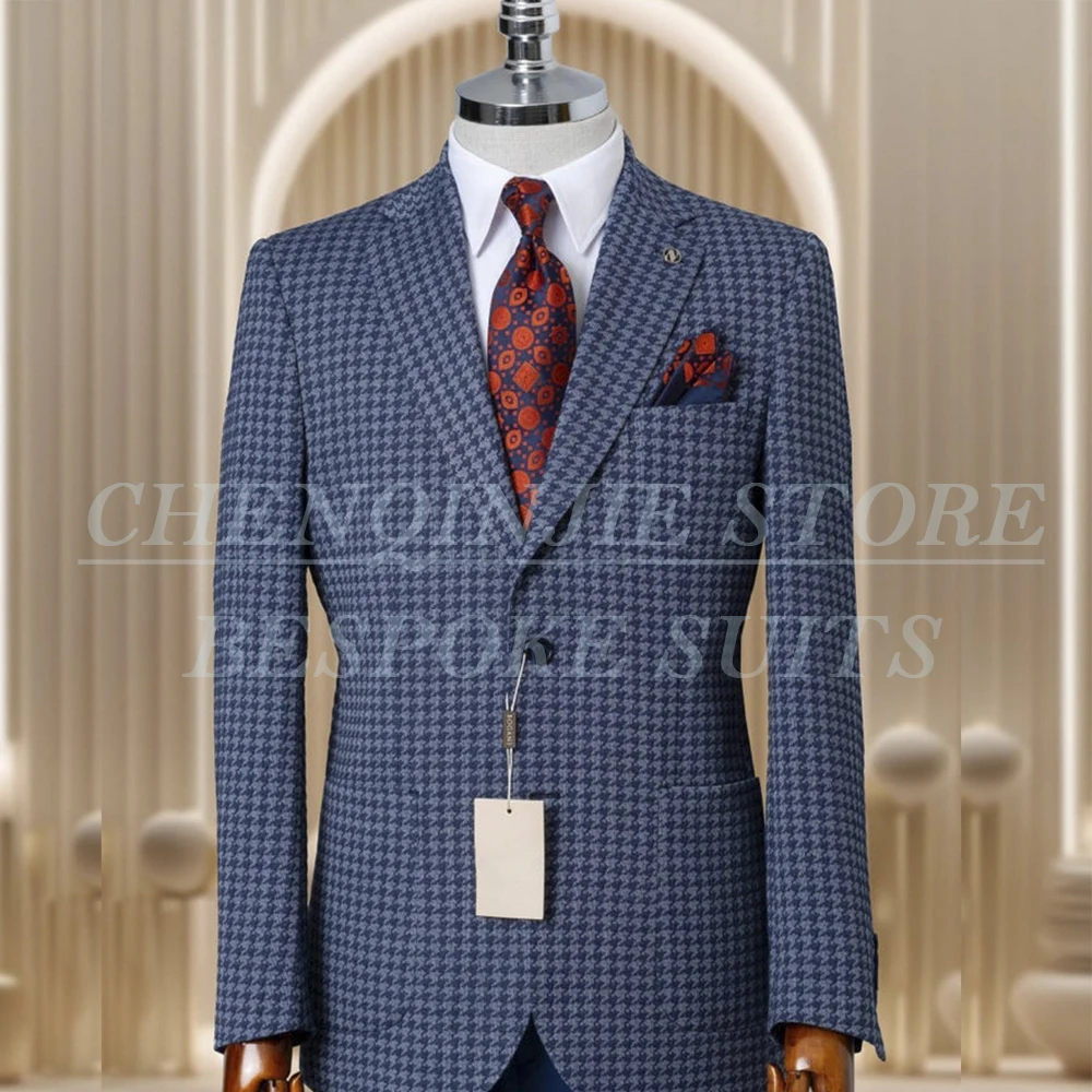 

High Quality Suits for Men Classic Houndstooth One Button Notch Lapel 2 Piece Jacket Pants Set High Quality Male Clothing Blazer