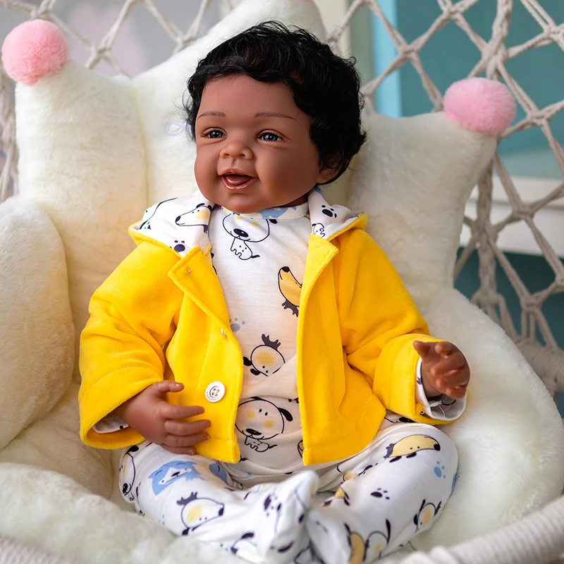 48CM Reborn Toddler Dark Brown Complexion Full Body Silicone Soft Body African American Baby Girl Doll Hand Hair