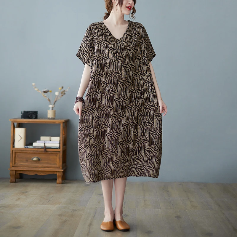 Retro bawełniana lniana spódnica z nadrukiem, duży rozmiar, damska, dekolt w serek, luźna, długa, codzienna, letnia, wygodna, plus size.