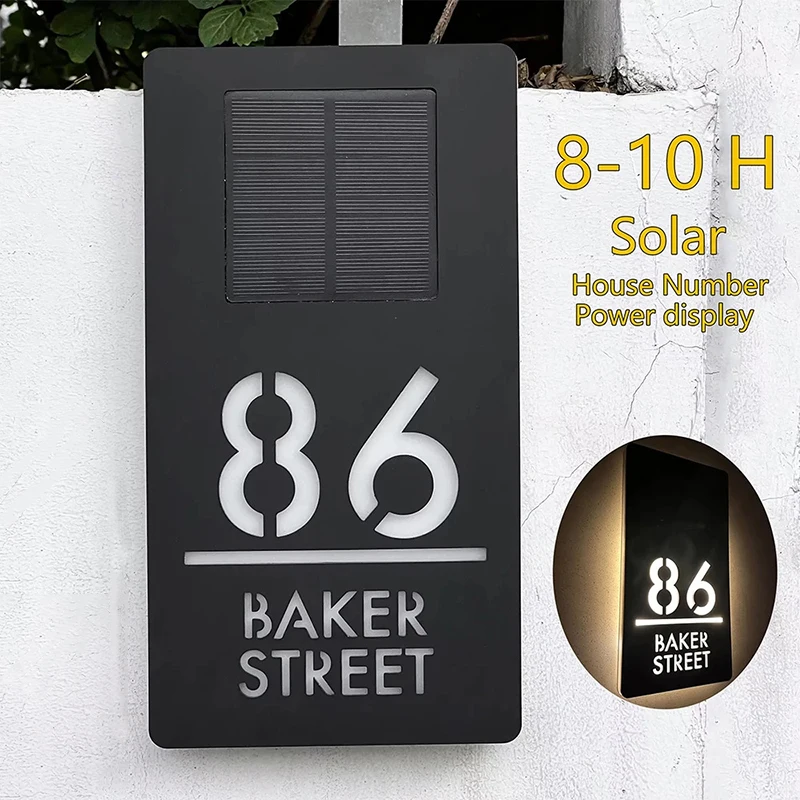 

Customized Solar House Sign Modern Residential Address Plaque White Light Outdoor LED House Number Street Name Door Plate Plaque