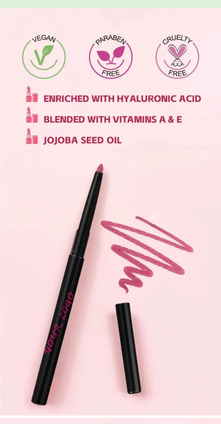 Delineador labial personalizado, 24 cores, à prova d'água, tubo preto, alta pigmentação, não manchado, de longa duração, suave, maquiagem em massa