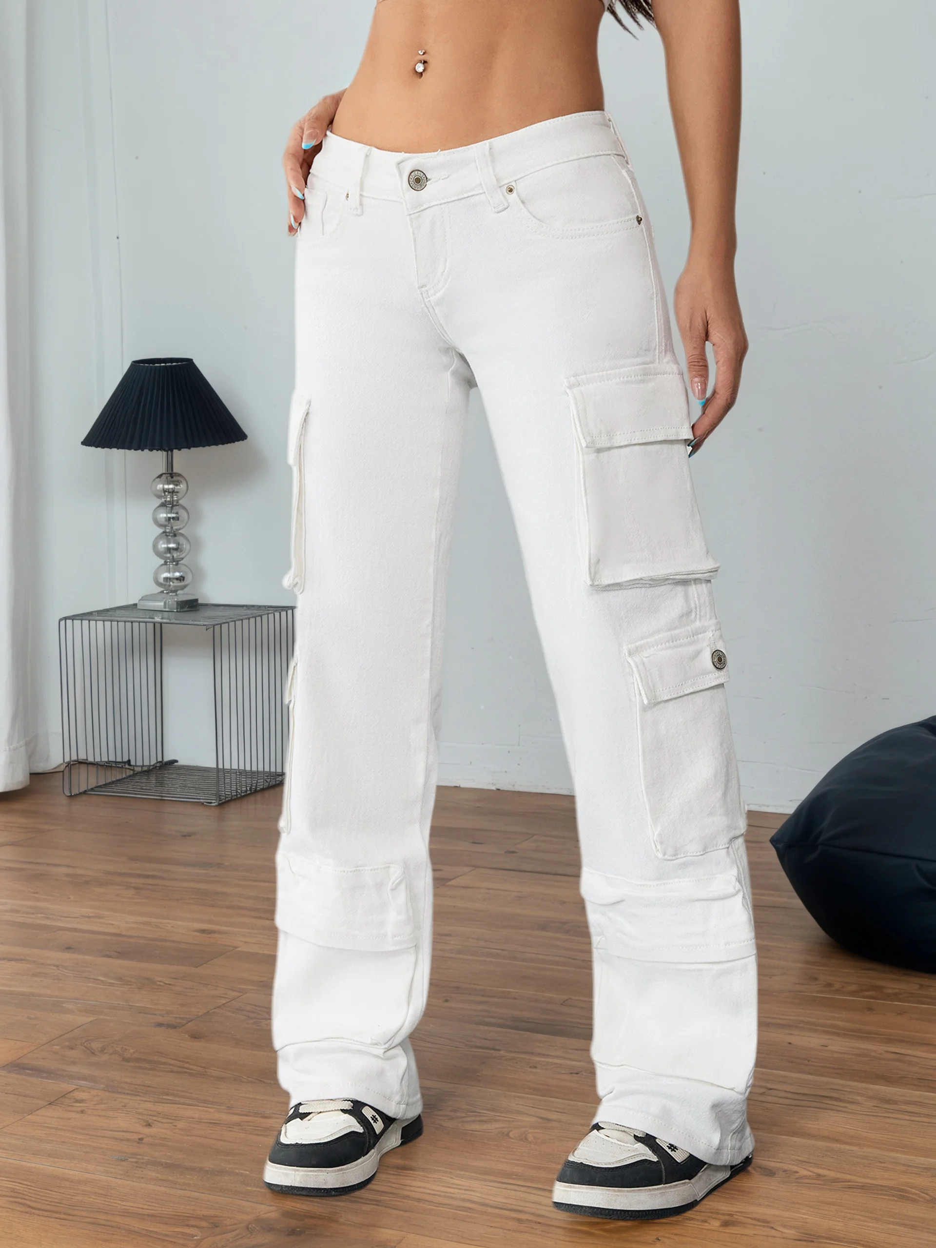Jean Cargo blanc élégant pour femmes, taille haute, pantalon ajusté, poches utilitaires, minimaliste, Chic, vêtements en Denim, mode quotidienne