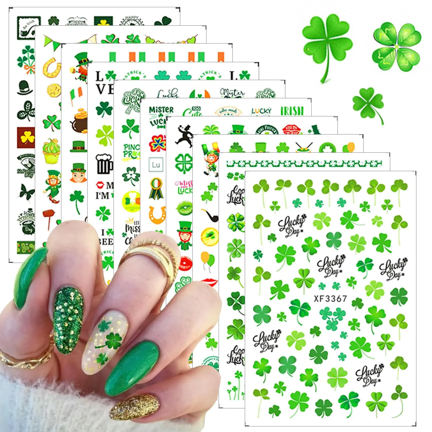 10Pcs Green Four Leaf Clover 3D Nail Stickers Leaf Flower Grass St. Patrick Festival For DIY Manicure Slider Spring Nail Decors*