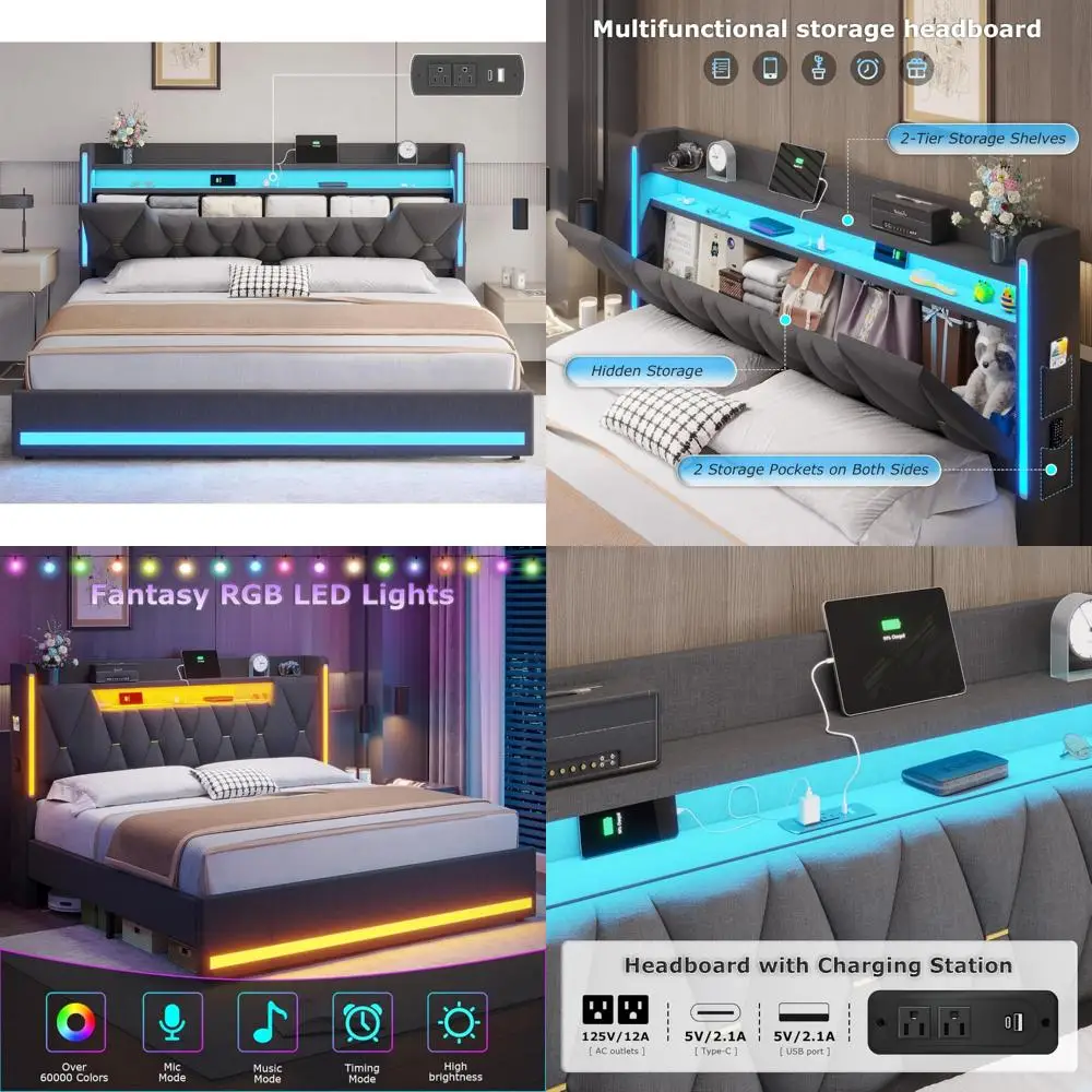LED-Illuminated King Bed Frame with Charging Dock and Storage Shelves, Upholstered Metal King Bed with Concealed Compartments an