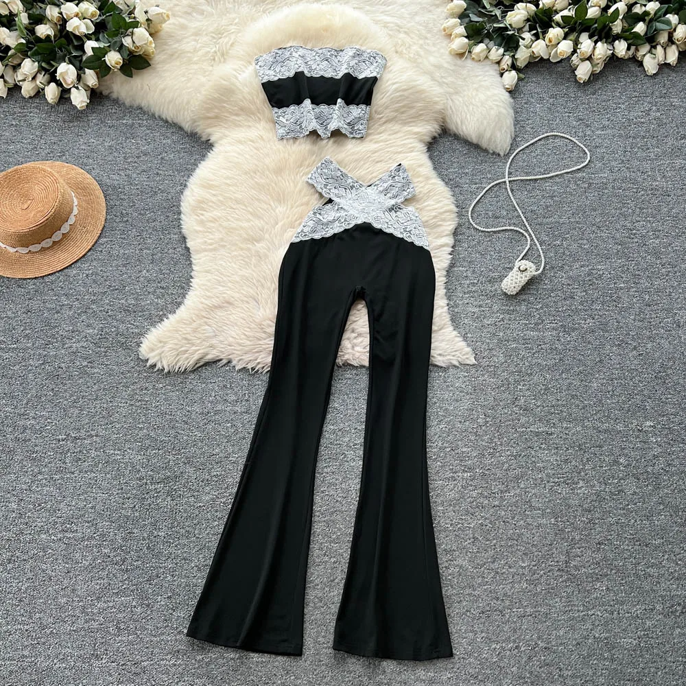 

Сексуальные комплекты из двух предметов, кружевной топ без рукавов с модной высокой талией, широкие офисные женские комплекты брюк