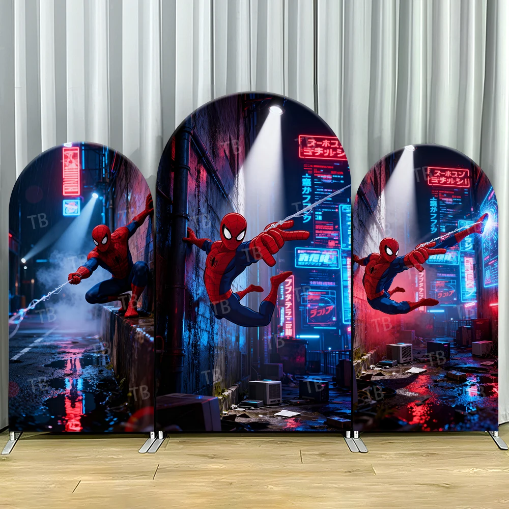 

Spiderman Neon Cyberpunk Style Arch Backdrop Cover Dynamic Hero Scene For Kids Birthday Baby Shower Photo Booth Decor Background