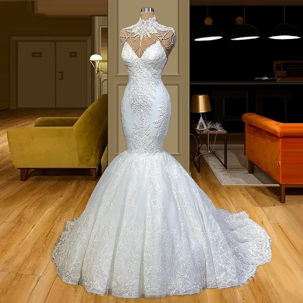 Robe de Mariée Sirène en Dentelle Personnalisée, Col Haut, avec Glands Appliqués, avec Traîne de Balayage, Dos aux, Éducative, pour Patients