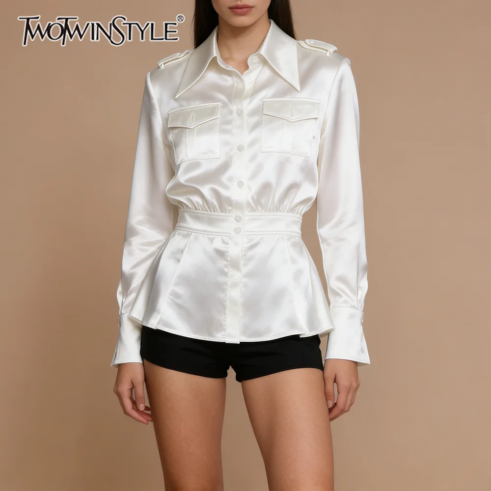 

VGH Fashionable Outing White Satin Peplum Blouse for Women Lapel Collar Epaulet Accent Belted Waist Flared Hem for Luxury Dinner