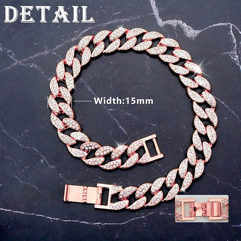 Pink Diamond Cuban Collar 15MM Pet Cuban Collar Jewelry Accessories for Dogs Cats Gold Dog Chain Walking Metal Chain Collar