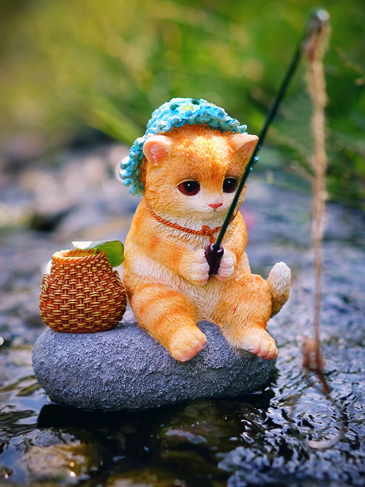 Original Cute Cat Fishing Garden Flowing Water Decoration Ornament Courtyard Rockery Landscape Resin Craft Decoration