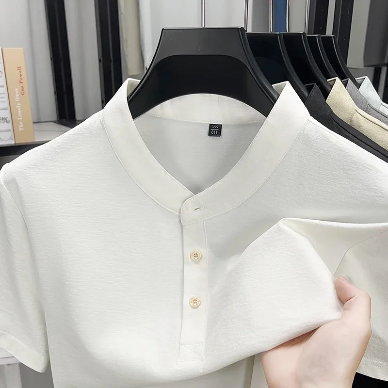 Mens Short Sleeve Solid Heather Stand Collar Henley Tees Two Placket Buttons Loose Fit Wrinkle Lightweight Fashion Tops For Men