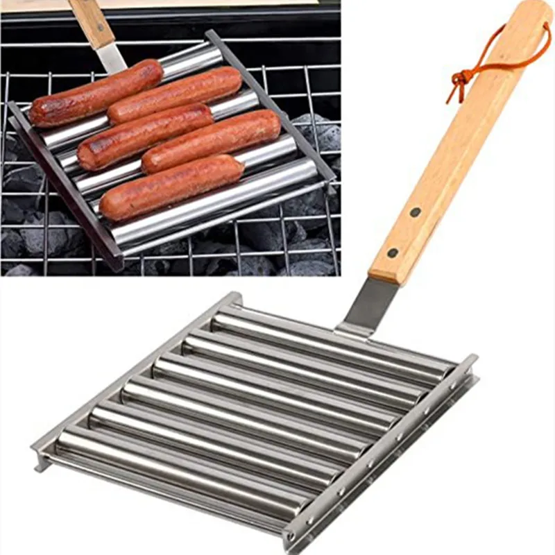 Beech Handle Hot Dog Roller Stainless Steel Sausage Roller Rack With Extra Long Wood Handle BBQ Hot Dog Griller For Evenly Cook