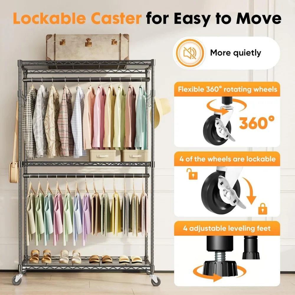 Perchero para ropa con ruedas, estantes de alambre ajustables portátiles de 3 niveles resistentes con ruedas, varillas para colgar