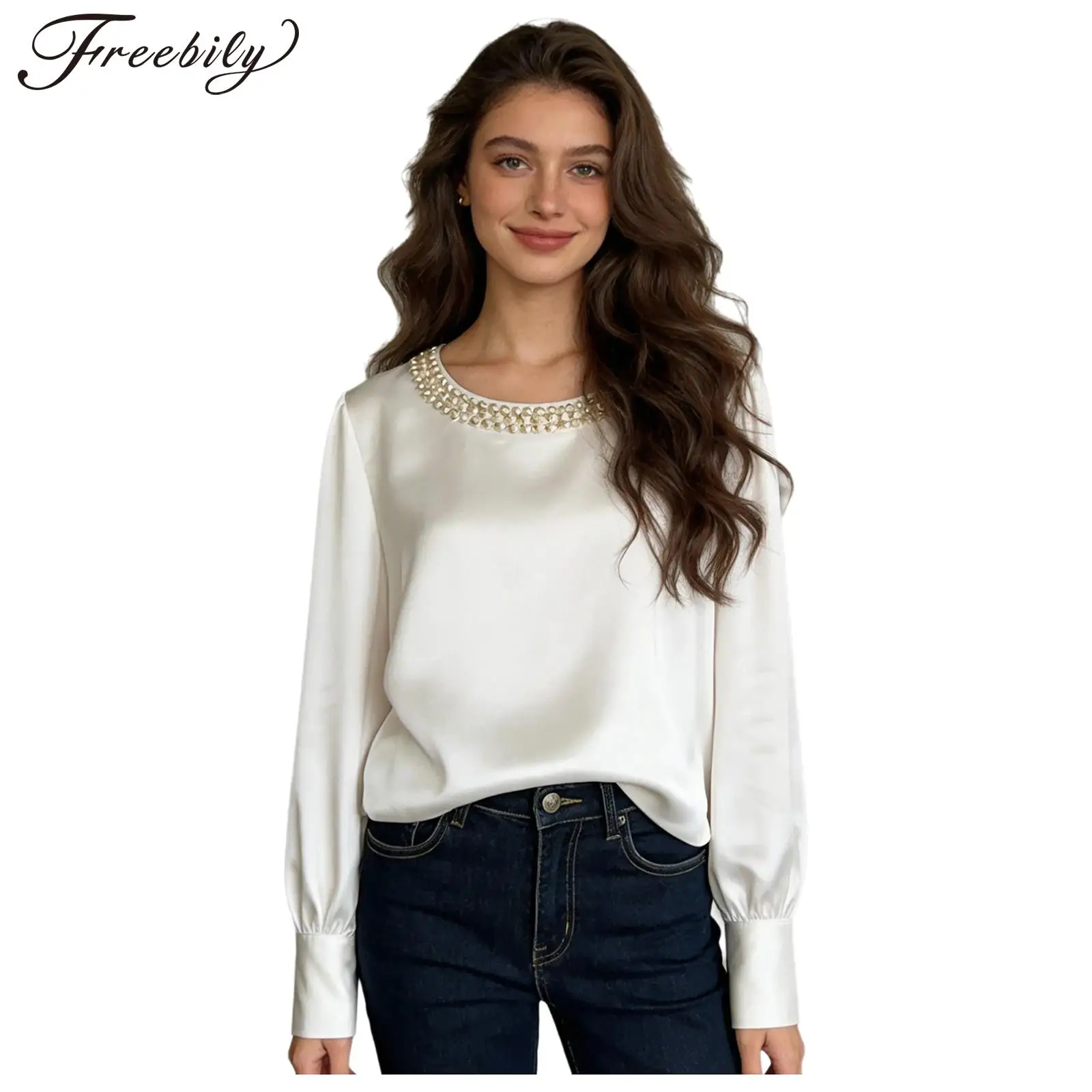 

Womens Satin OL Blouse Spring Business Fashion Pullover Top Office Lady Faux Pearl Loose Blouses Elegant Clothes Streetwear