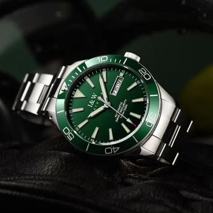 

Мужские автоматические часы I&W, 41 мм, военные механические наручные часы для дайвера, 10 атм, водонепроницаемые, со светящимся сапфиром, двойной календарь, дата недели