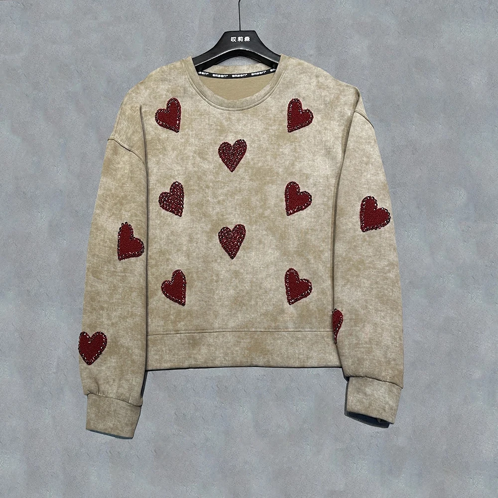 حجم كبير ربيع الخريف جودة عالية يتدفقون الماس القلب جولة الرقبة قصيرة البلوز المرأة فضفاضة عارضة تنوعا أعلى #3