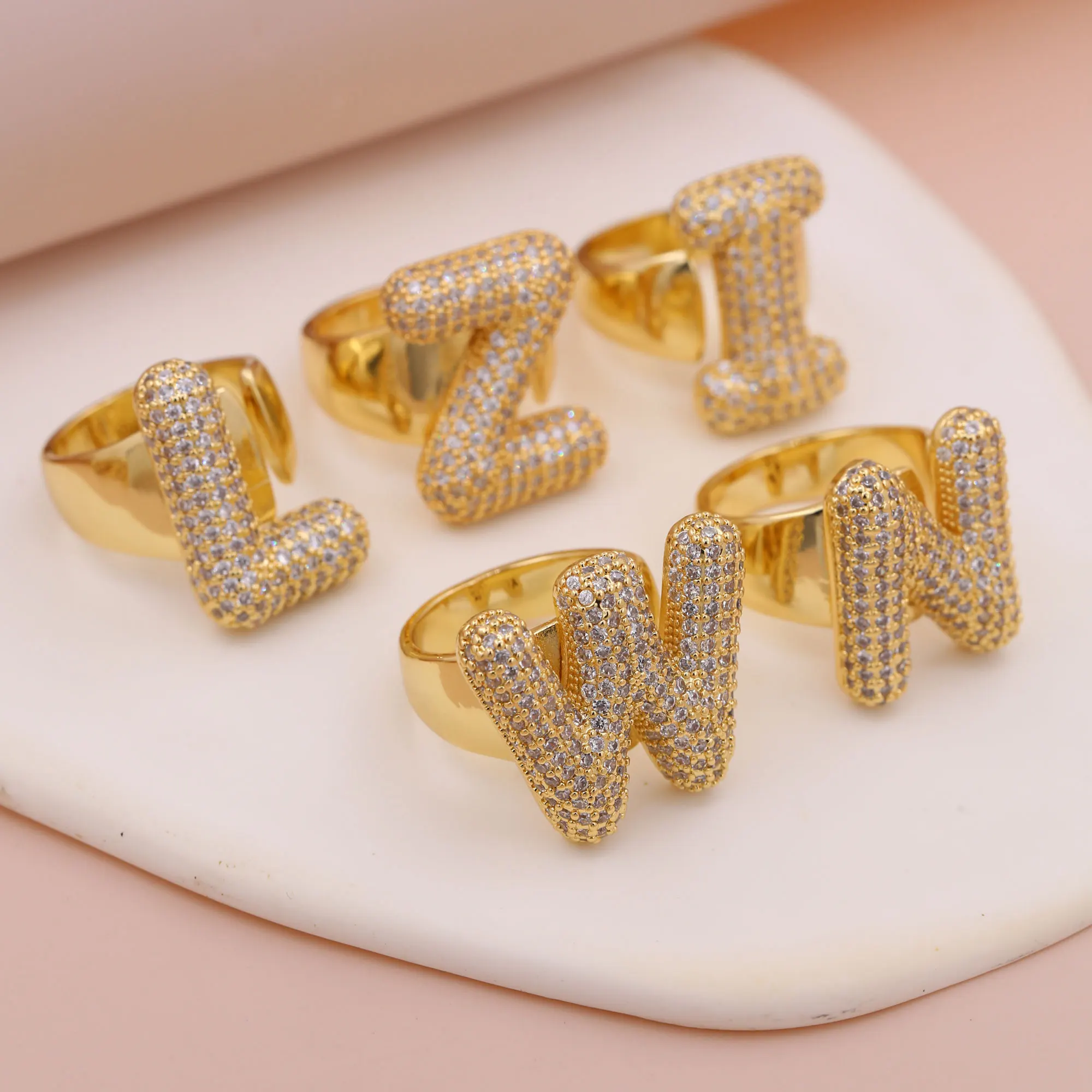 Fashion Versatile Plated Gold Copper White Zircon 26 English Letter Big Rings for Men Women Daily Wearing Jewelry