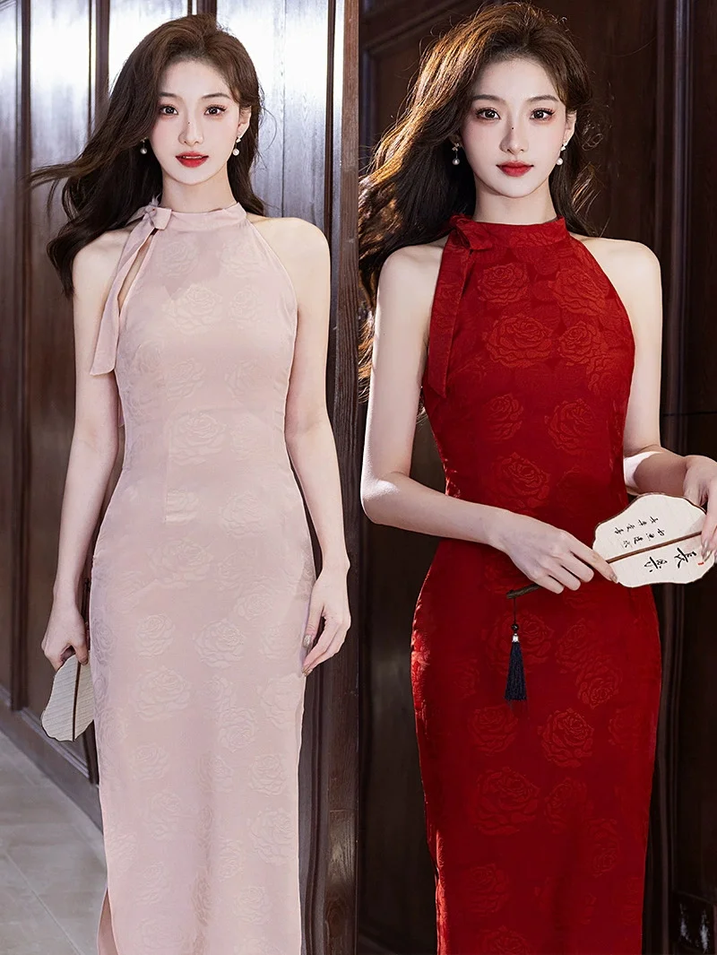 

2025 New Chinese Qipao Toast Dress Engagement Pink Sleeveless Hanging Neck Qipao Dress
